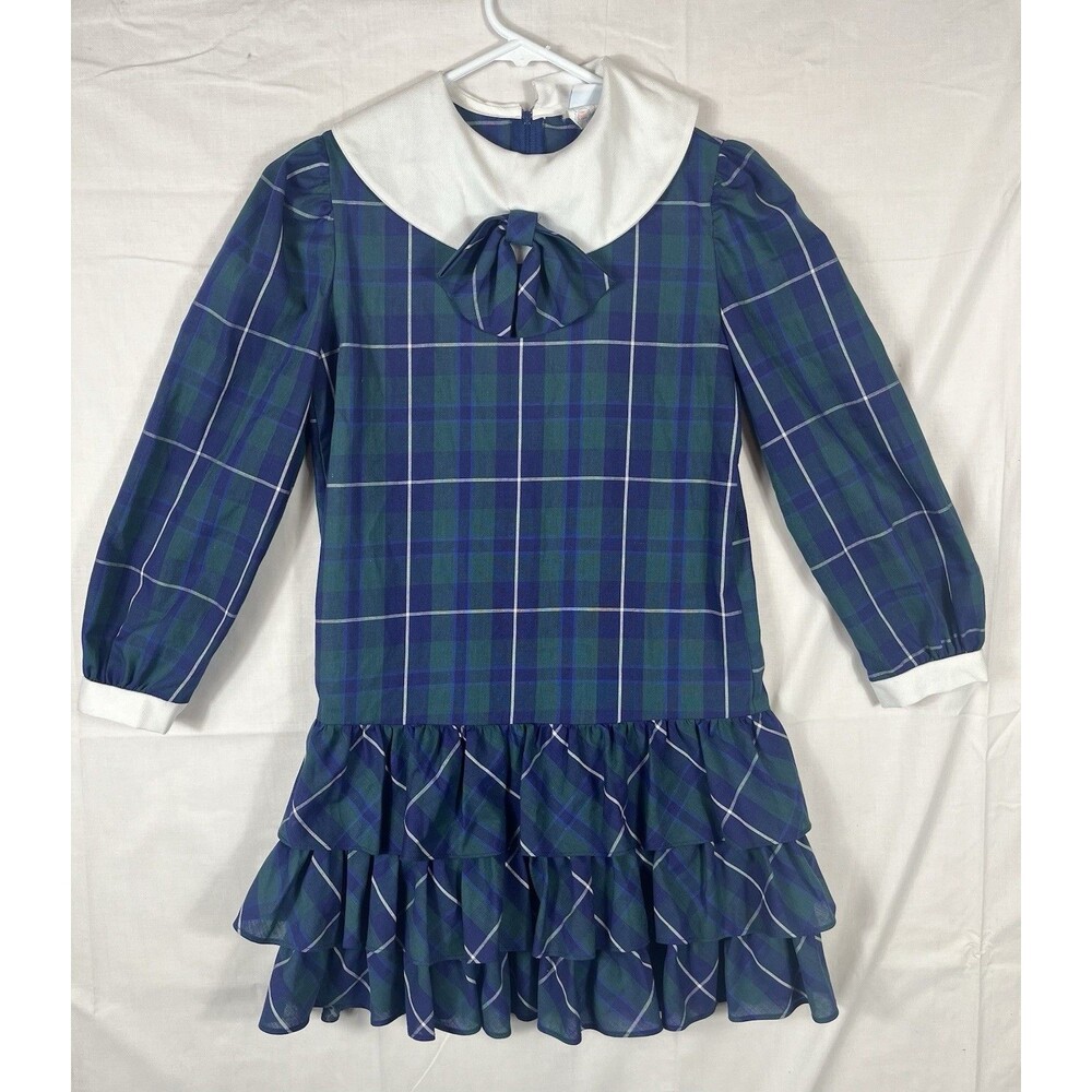Bonnie Jean L/S Plaid Dress Vintage 80’s Portrait Collar Green Girls Size 12 USA